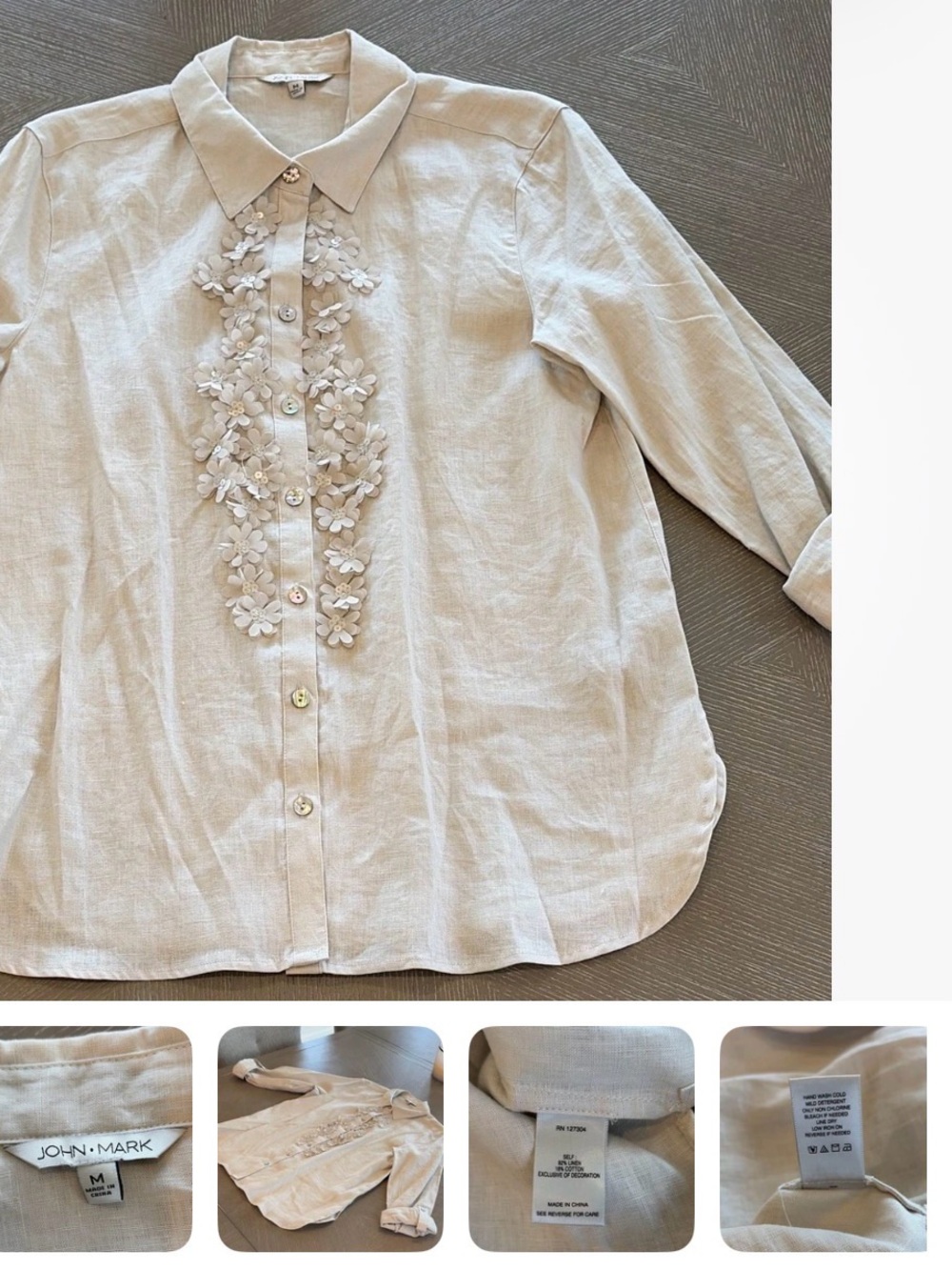 John Mark Cream Linen Button-Front Shirt with Floral Appliqué